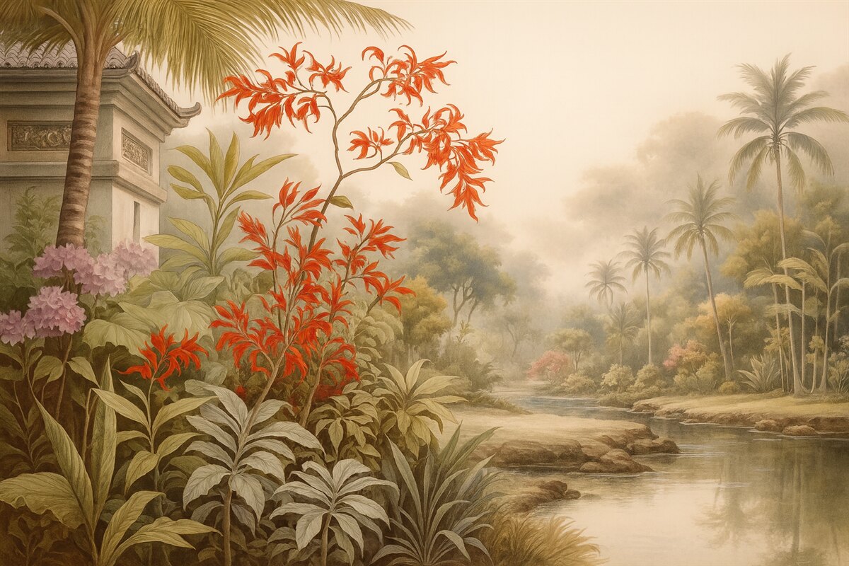 Fototapeta Dżungla z rozwijającymi się krzewami w okolicy stawu, akwarela.