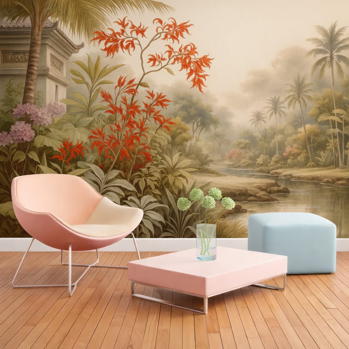 Fototapeta Dżungla z rozwijającymi się krzewami w okolicy stawu, akwarela.