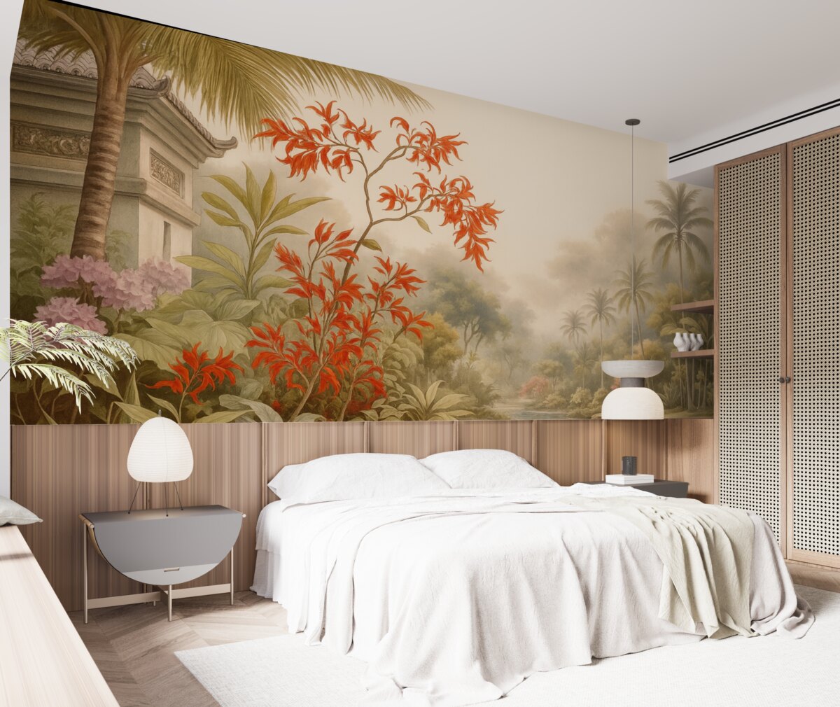 Fototapeta Dżungla z rozwijającymi się krzewami w okolicy stawu, akwarela.