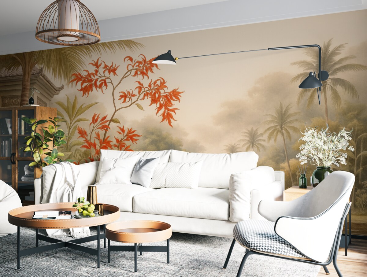 Fototapeta Dżungla z rozwijającymi się krzewami w okolicy stawu, akwarela.