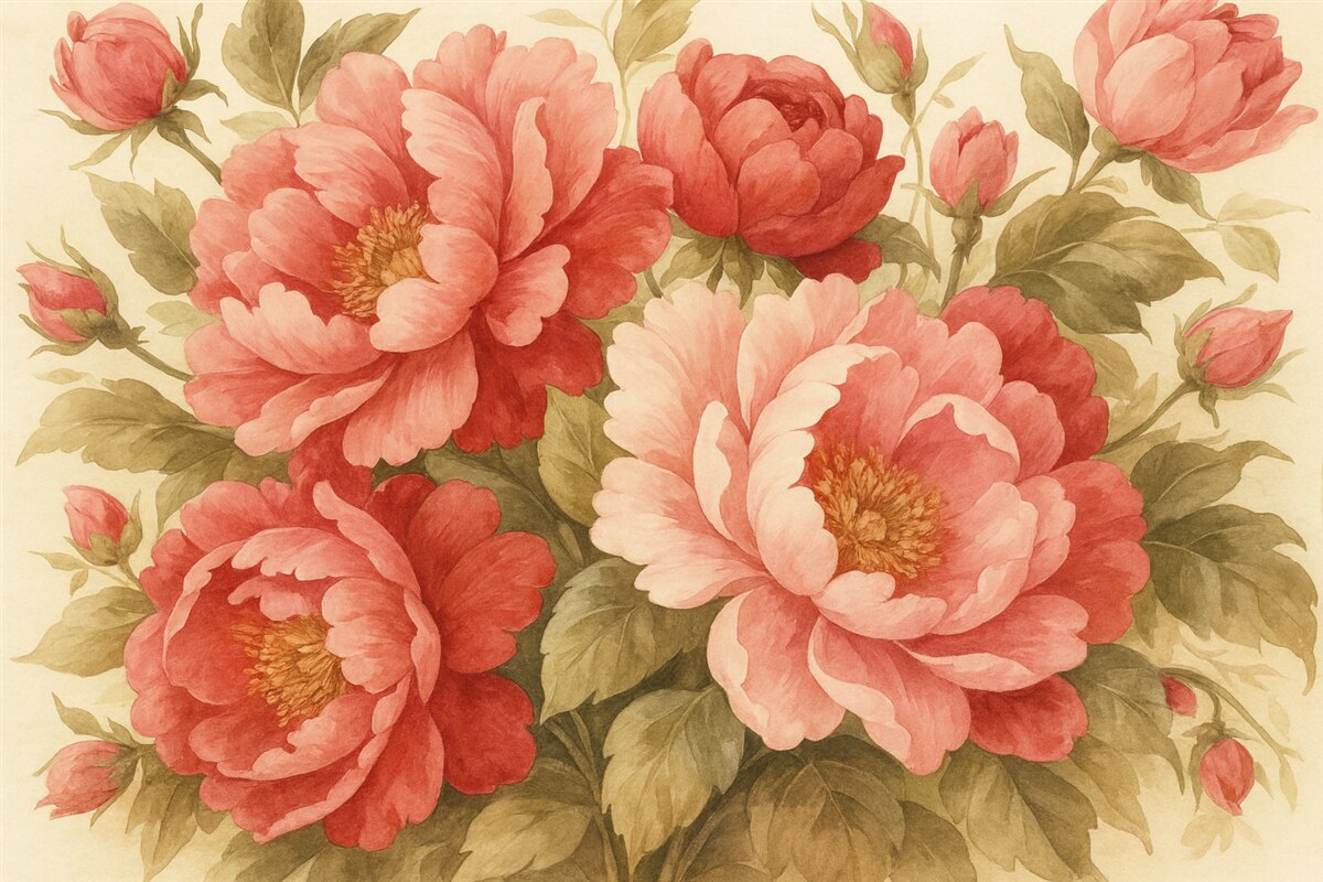 Fototapeta Róże w stylistyce vintage akwarela, różowy, czerwony, zielony.