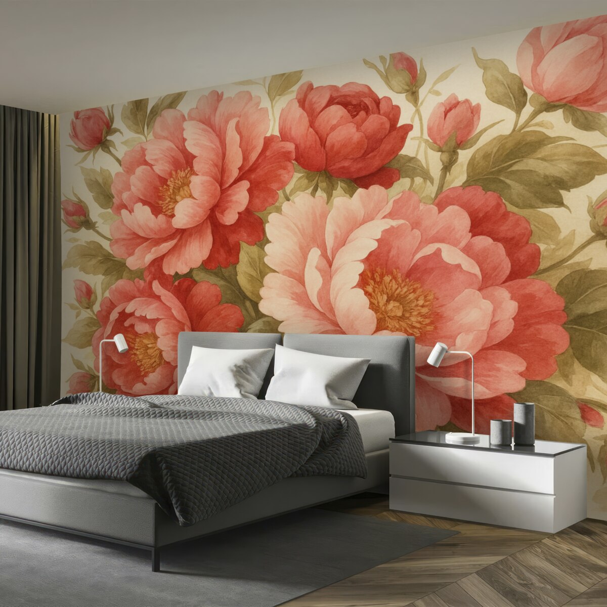 Fototapeta Róże w stylistyce vintage akwarela, różowy, czerwony, zielony.