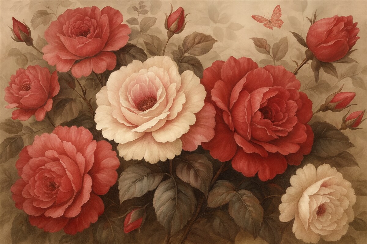 Fototapeta Kwiaty w stylu retro, w odcieniach różu i czerwieni.