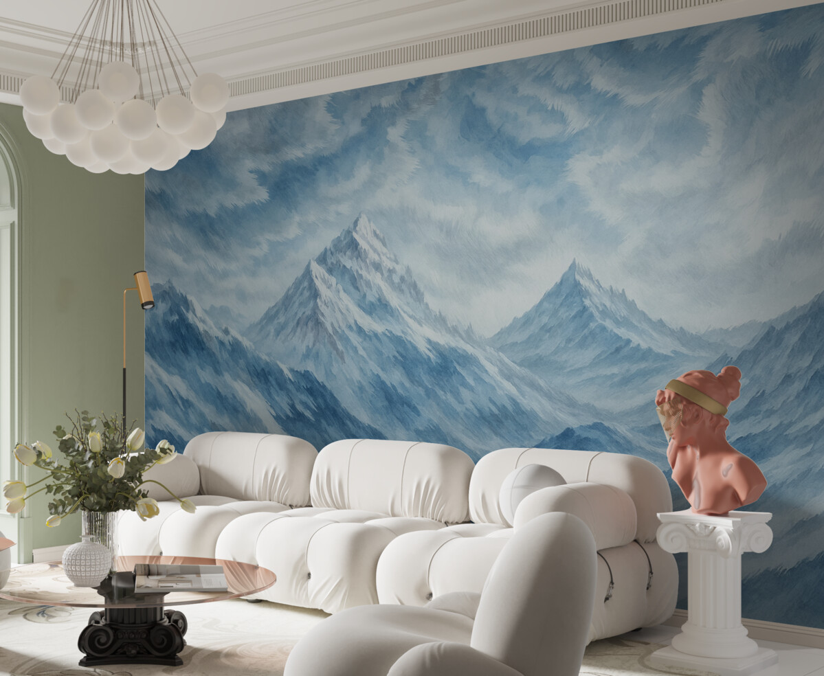 Fototapeta Śnieżna zamieć w górach w stylu grunge oraz jasnoniebieskiej tonacji.