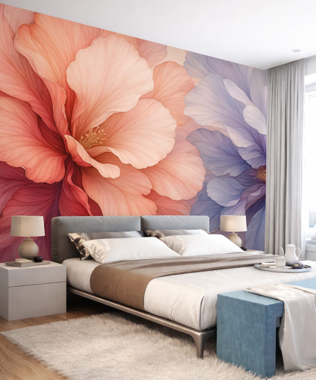 Fototapeta Abstrakcyjne kwiaty w mokrej akwareli, różowy i fioletowy odcień.