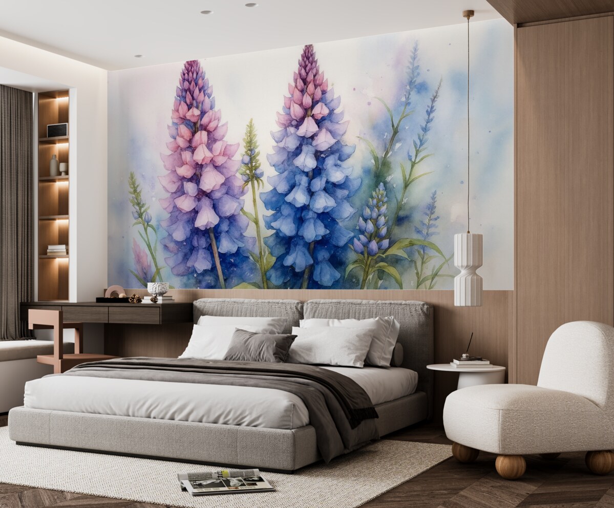 Fototapeta Kwitnące łubiny to wilgotna akwarela, w odcieniach niebieskiego i fioletowego.