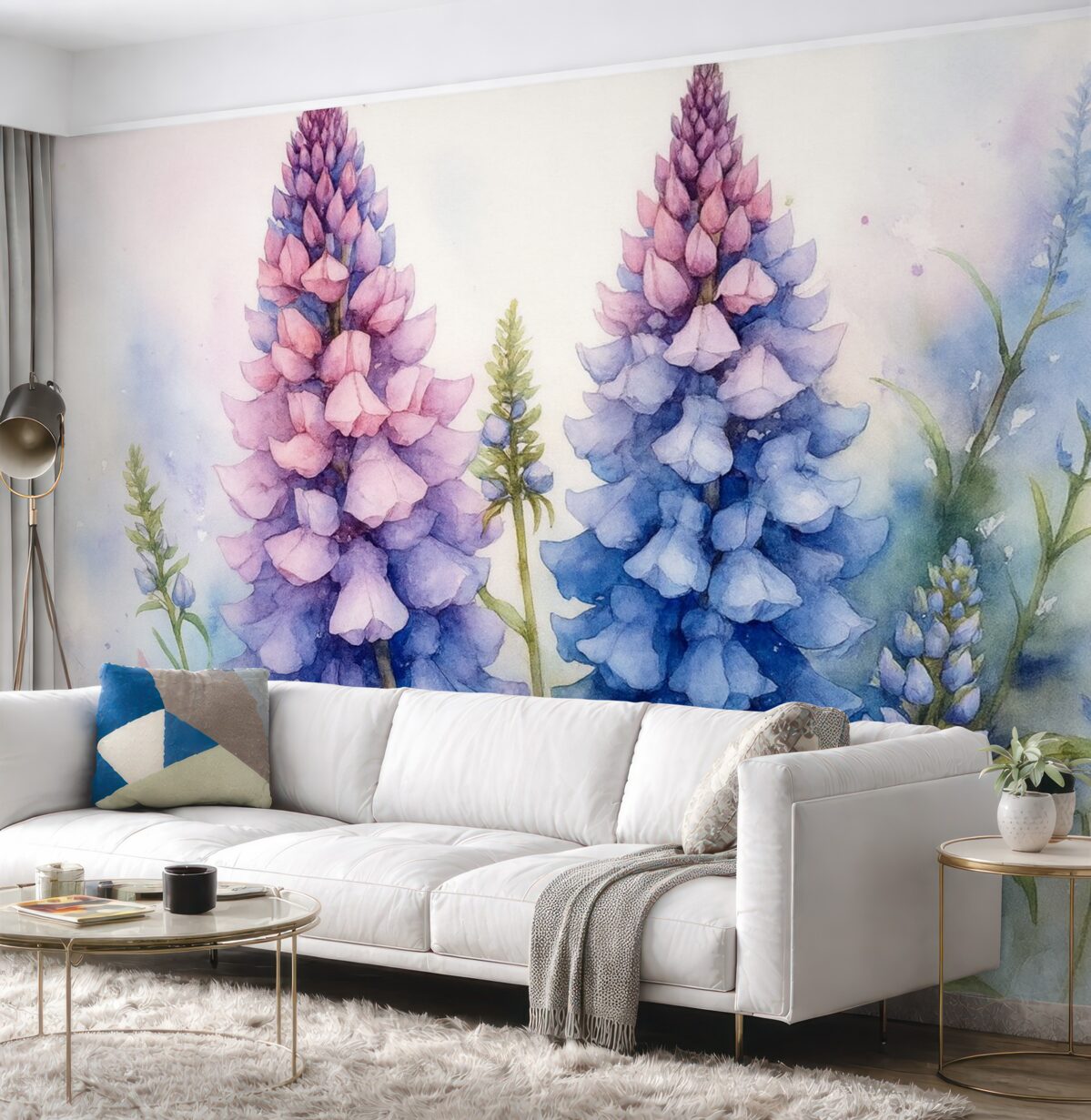 Fototapeta Kwitnące łubiny to wilgotna akwarela, w odcieniach niebieskiego i fioletowego.