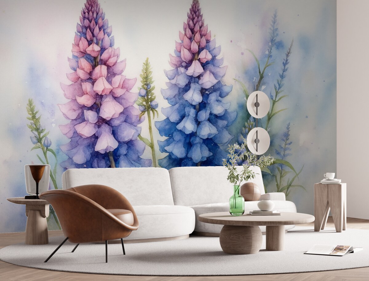 Fototapeta Kwitnące łubiny to wilgotna akwarela, w odcieniach niebieskiego i fioletowego.