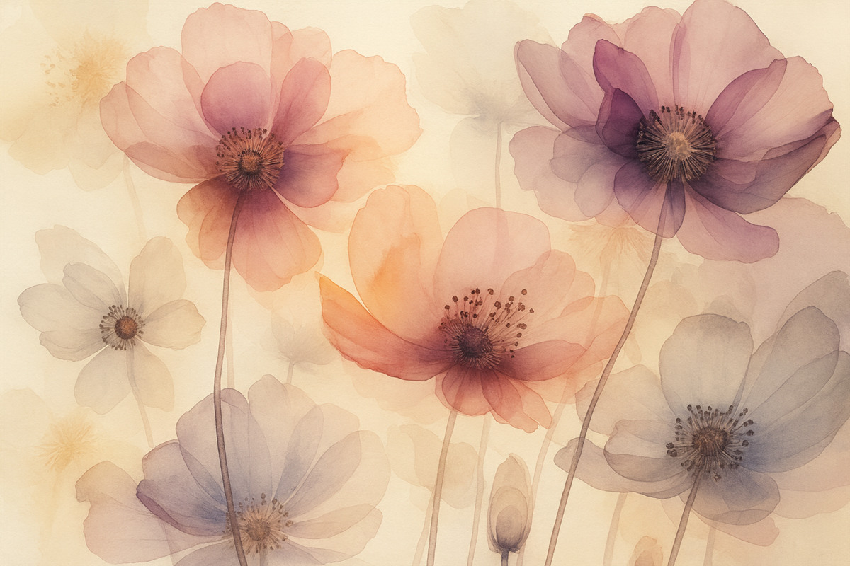 Fototapeta Półprzezroczyste kwiaty wilgotna akwarela.