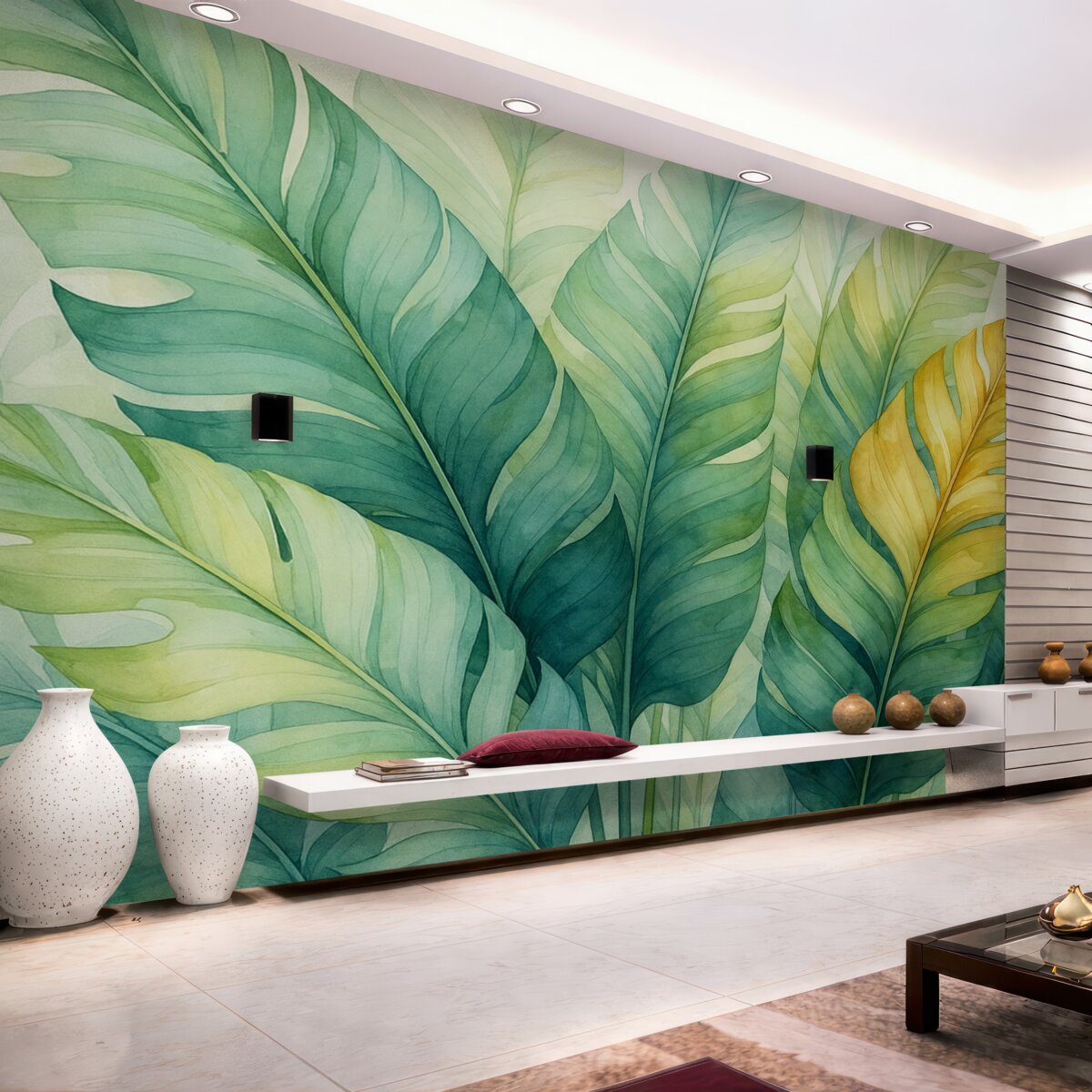 Fototapeta Tropikalne liście bananowca wilgotna akwarela.