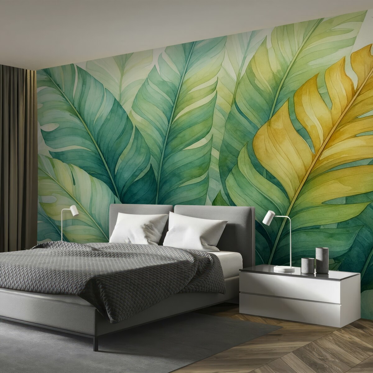 Fototapeta Tropikalne liście bananowca wilgotna akwarela.