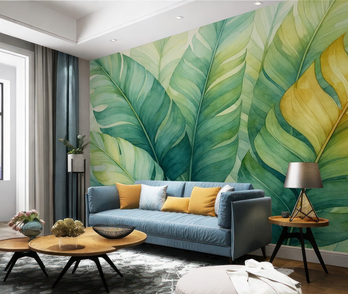 Fototapeta Tropikalne liście bananowca wilgotna akwarela.