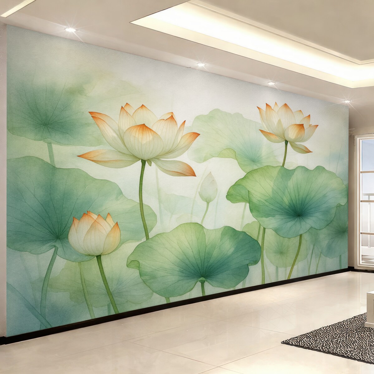 Fototapeta Liście i kwiaty lilii stawowej, lotos, wilgotna akwarela.