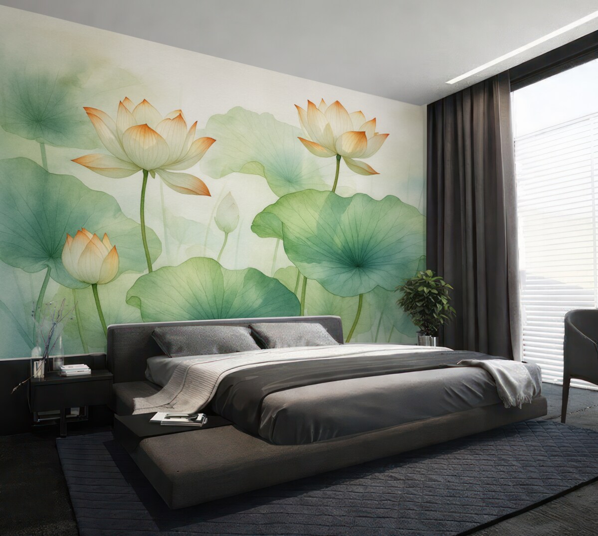 Fototapeta Liście i kwiaty lilii stawowej, lotos, wilgotna akwarela.