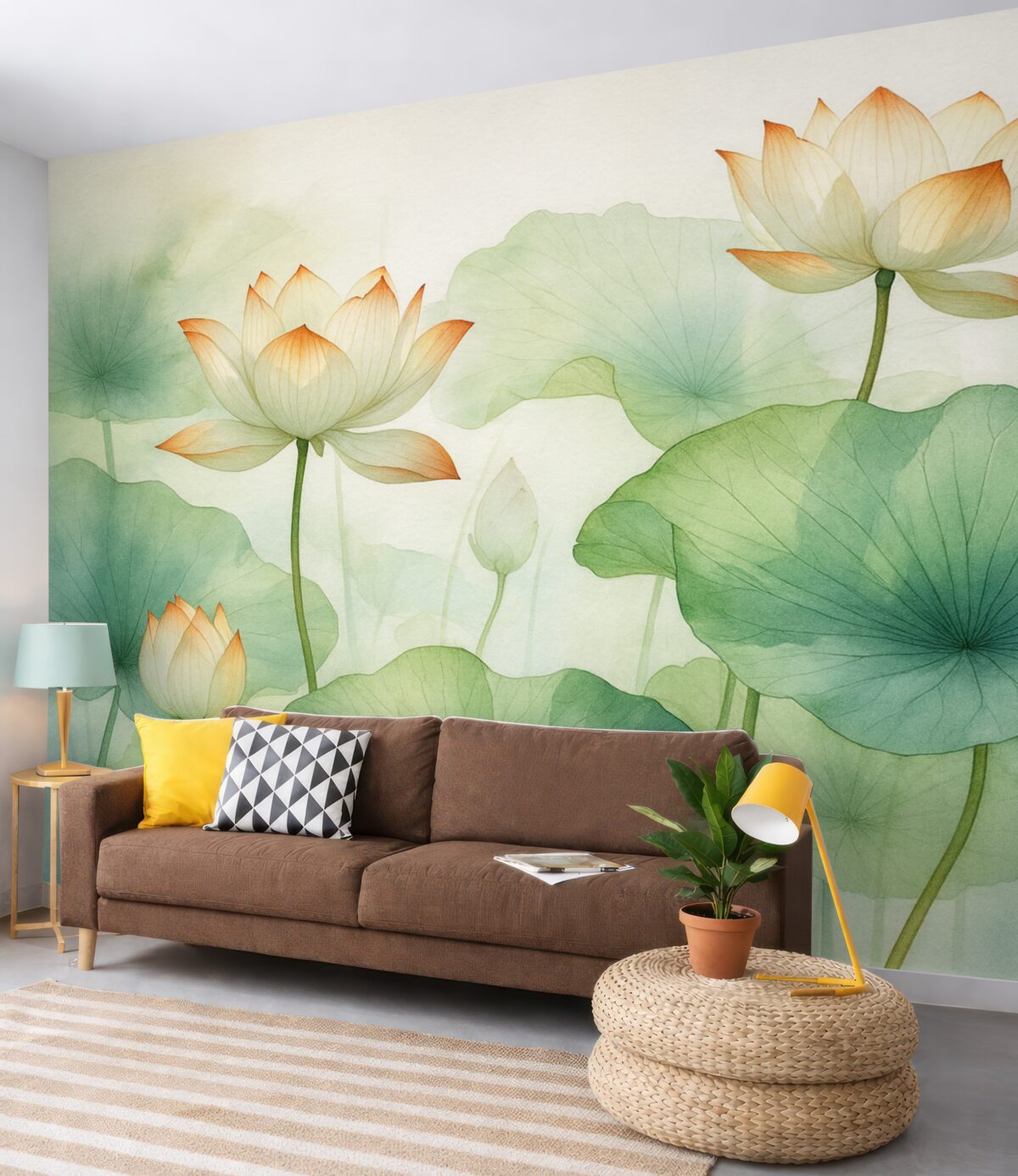 Fototapeta Liście i kwiaty lilii stawowej, lotos, wilgotna akwarela.