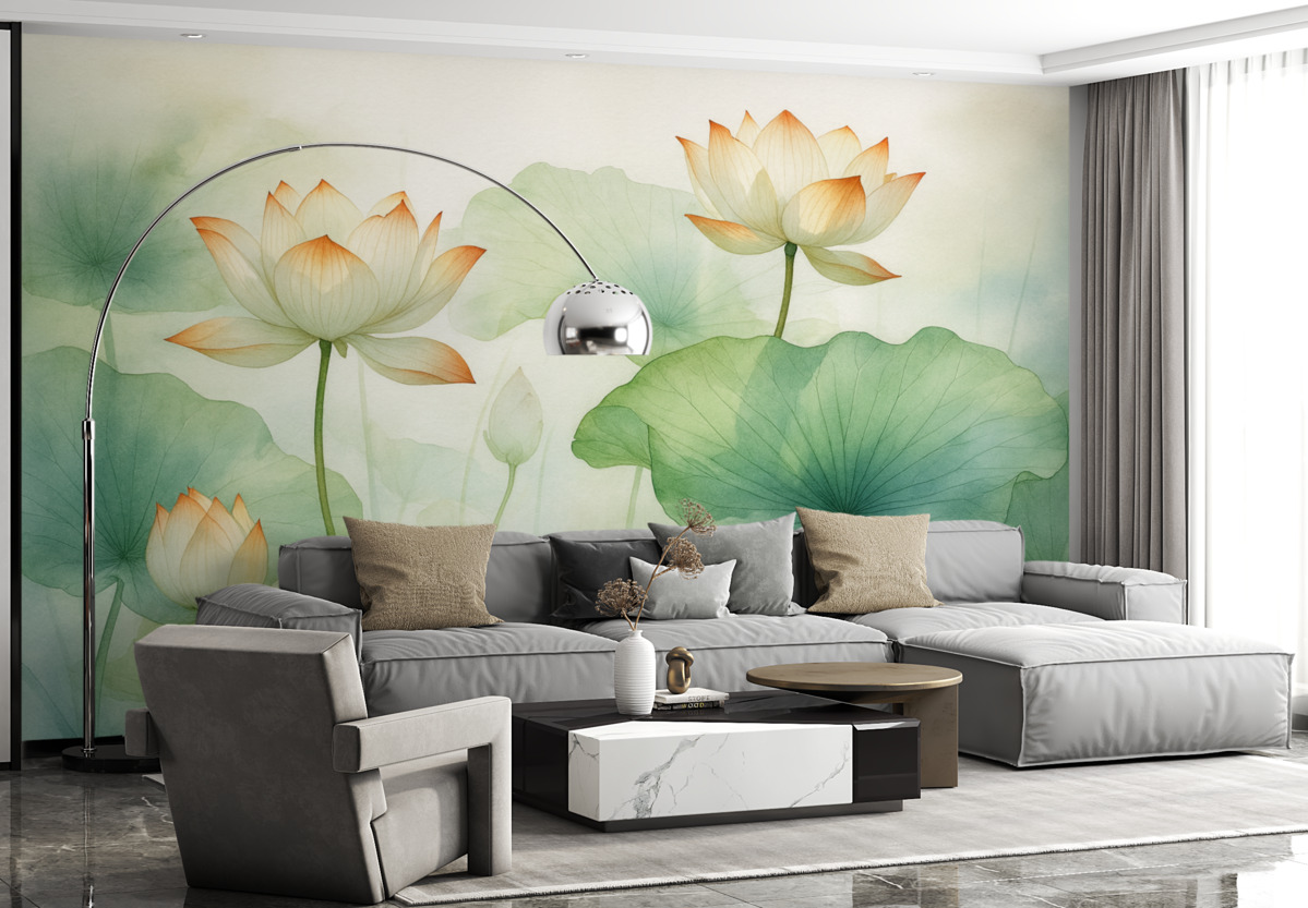 Fototapeta Liście i kwiaty lilii stawowej, lotos, wilgotna akwarela.