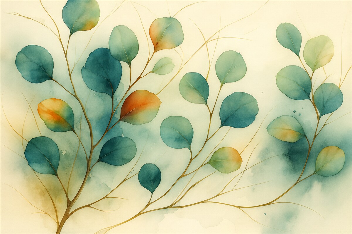 Fototapeta Abstrakcyjne konary z liśćmi rozmytymi mokrą akwarelą.