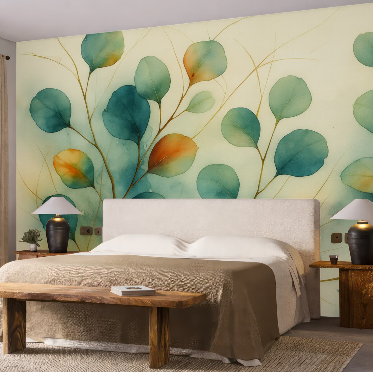 Fototapeta Abstrakcyjne konary z liśćmi rozmytymi mokrą akwarelą.