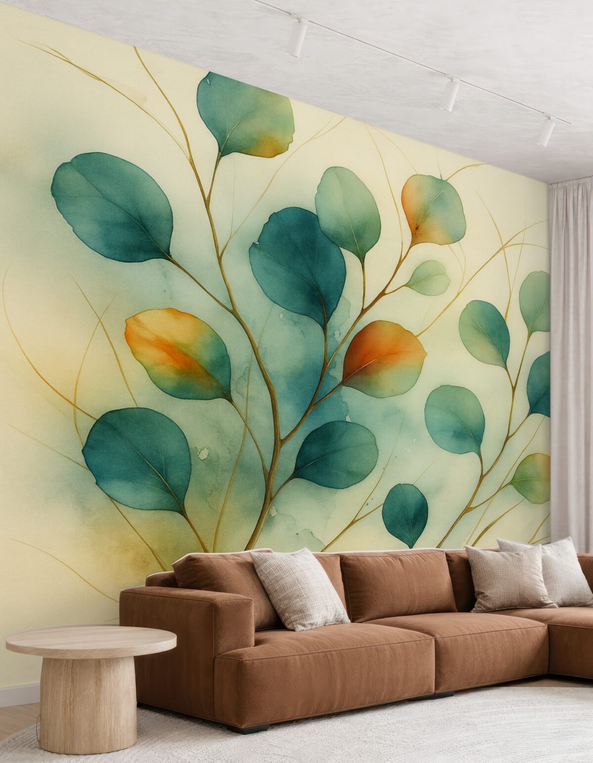 Fototapeta Abstrakcyjne konary z liśćmi rozmytymi mokrą akwarelą.