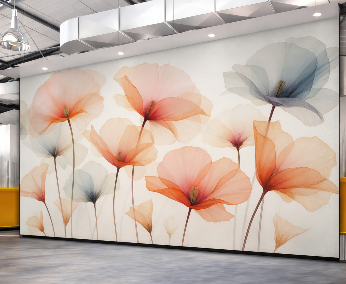 Fototapeta Przezroczyste rośliny, wilgotna akwarela, różowy, czerwony, pomarańczowy.