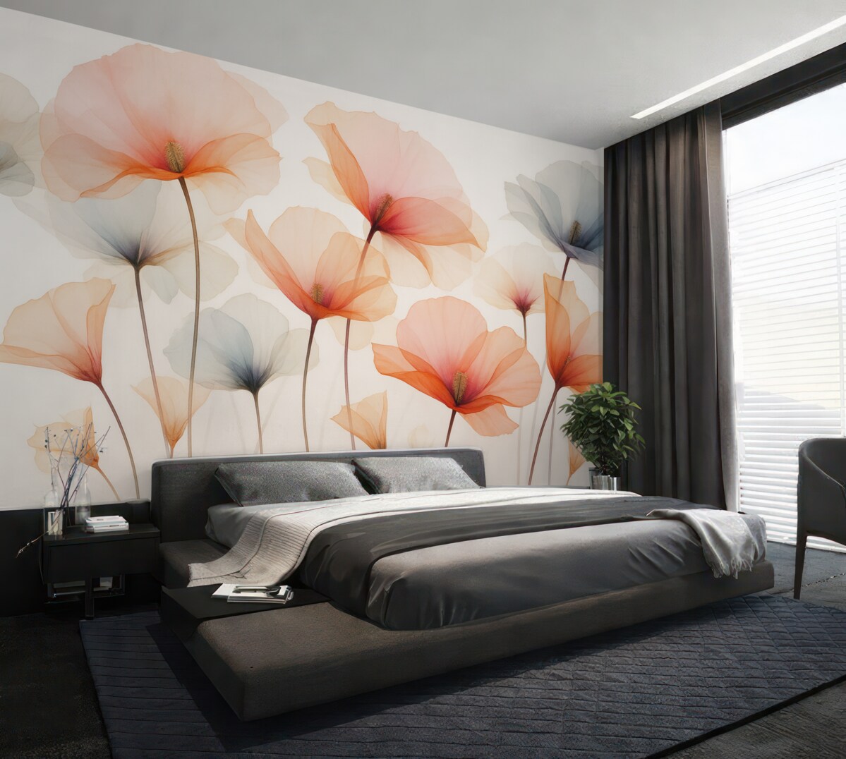 Fototapeta Przezroczyste rośliny, wilgotna akwarela, różowy, czerwony, pomarańczowy.