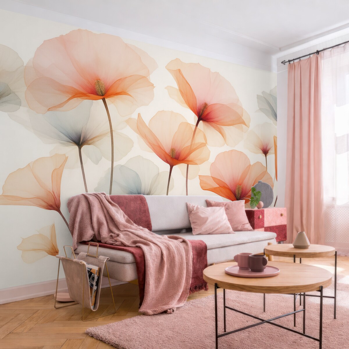 Fototapeta Przezroczyste rośliny, wilgotna akwarela, różowy, czerwony, pomarańczowy.