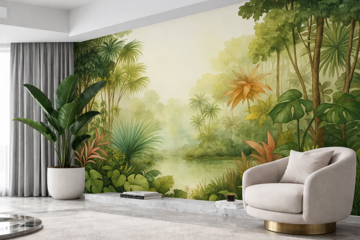 Fototapeta Las akwarelowy w dżungli, palmy, staw, zieleń.