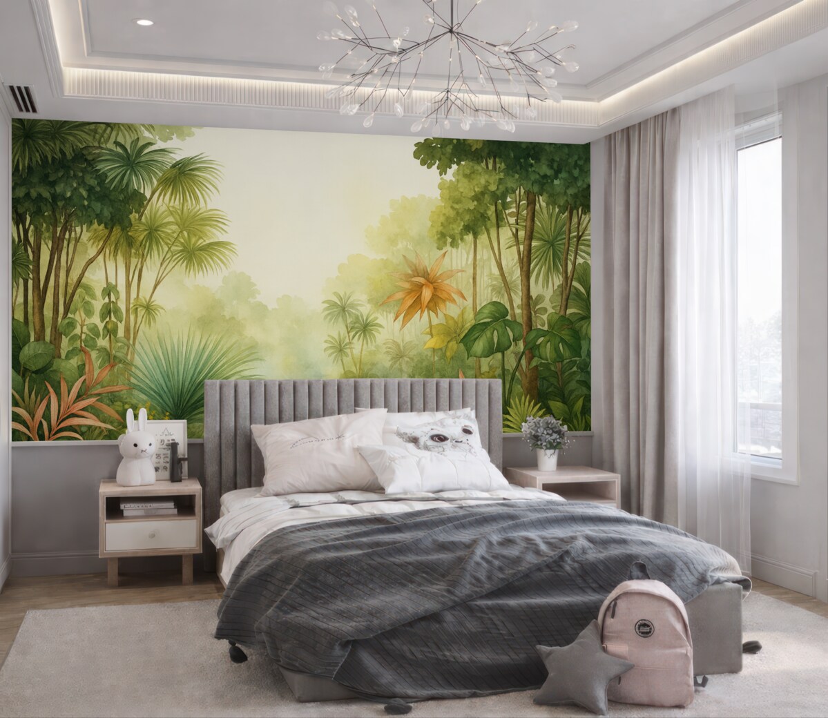 Fototapeta Las akwarelowy w dżungli, palmy, staw, zieleń.