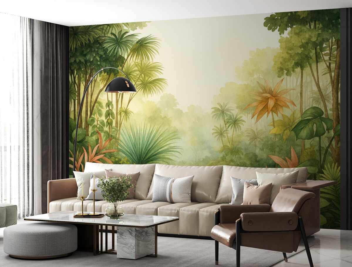 Fototapeta Las akwarelowy w dżungli, palmy, staw, zieleń.