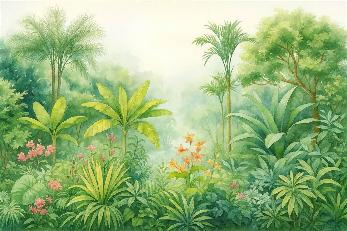 Fototapeta Dżunglowy las, akwarelowe obrazy, palmy, kwiaty, subtelne odcienie.