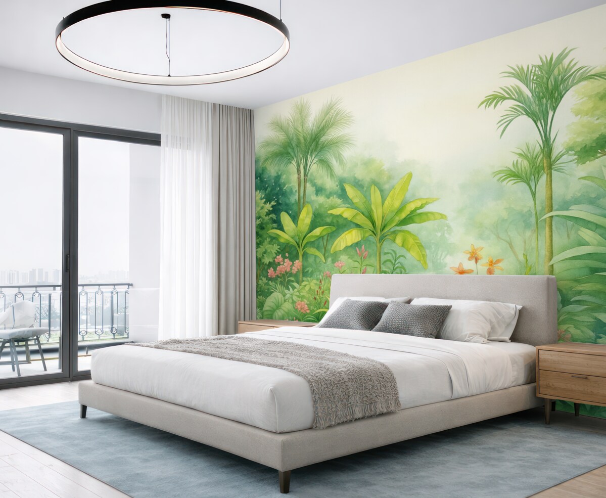 Fototapeta Dżunglowy las, akwarelowe obrazy, palmy, kwiaty, subtelne odcienie.