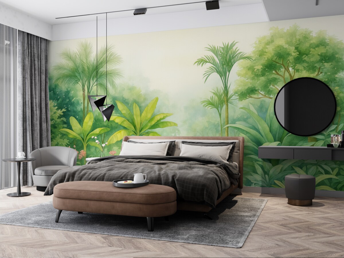 Fototapeta Dżunglowy las, akwarelowe obrazy, palmy, kwiaty, subtelne odcienie.