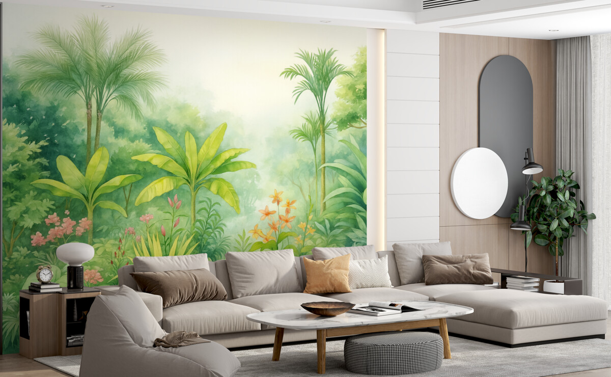 Fototapeta Dżunglowy las, akwarelowe obrazy, palmy, kwiaty, subtelne odcienie.