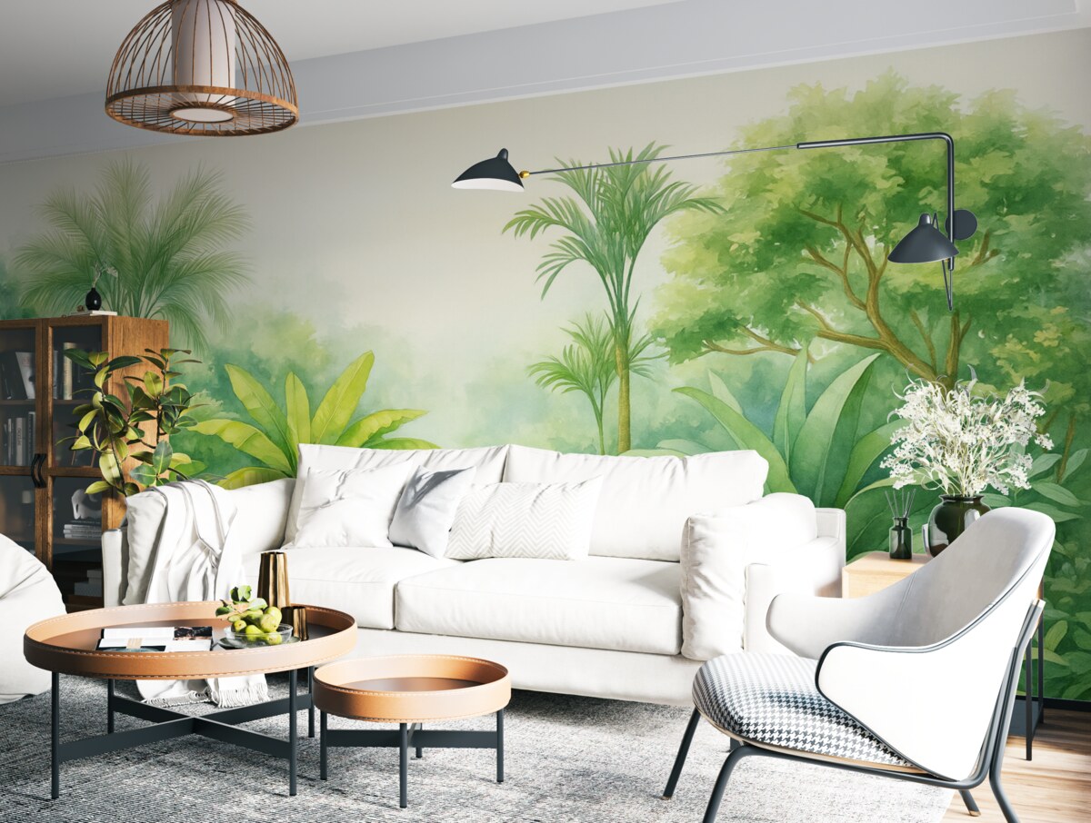Fototapeta Dżunglowy las, akwarelowe obrazy, palmy, kwiaty, subtelne odcienie.