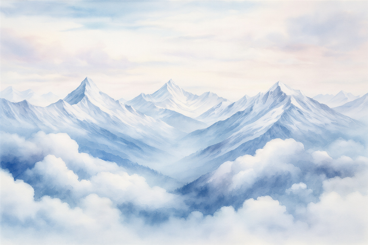 Fototapeta Pejzaż górski, akwarela, subtelne fioletowe odcienie.