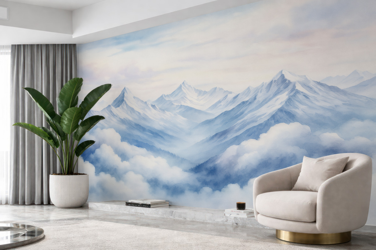 Fototapeta Pejzaż górski, akwarela, subtelne fioletowe odcienie.