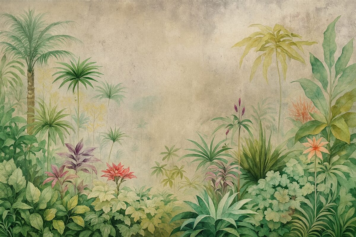 Fototapeta Las w dżungli, akwarelą, palmy, kwiaty, jasnobeżowe tło.