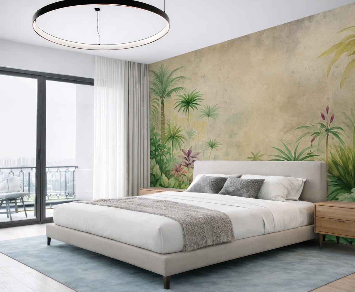 Fototapeta Las w dżungli, akwarelą, palmy, kwiaty, jasnobeżowe tło.