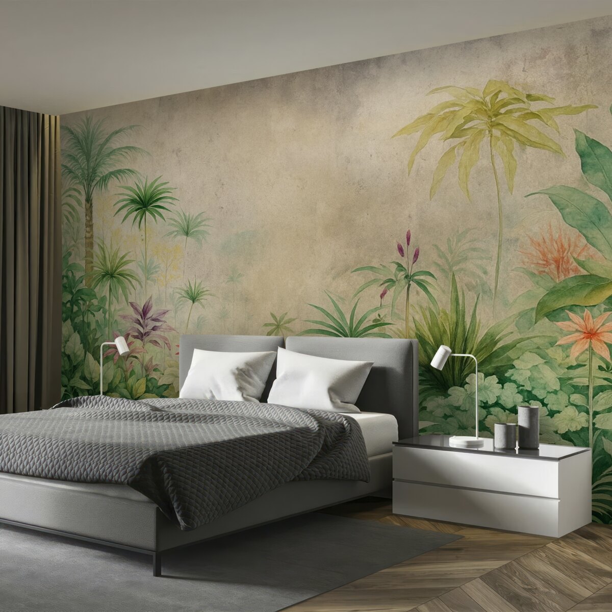 Fototapeta Las w dżungli, akwarelą, palmy, kwiaty, jasnobeżowe tło.