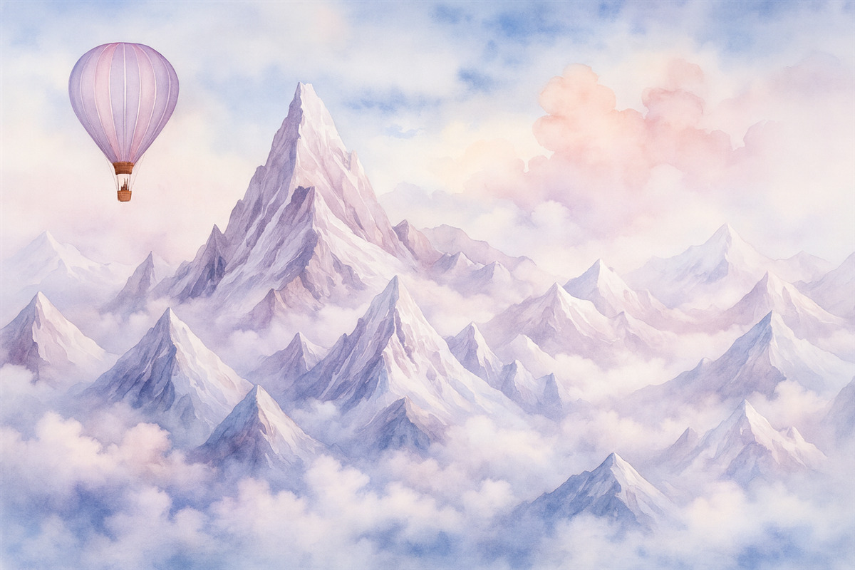 Fototapeta Balon powietrzny w górskich rejonach, akwarela, subtelne eteryczne odcienie.