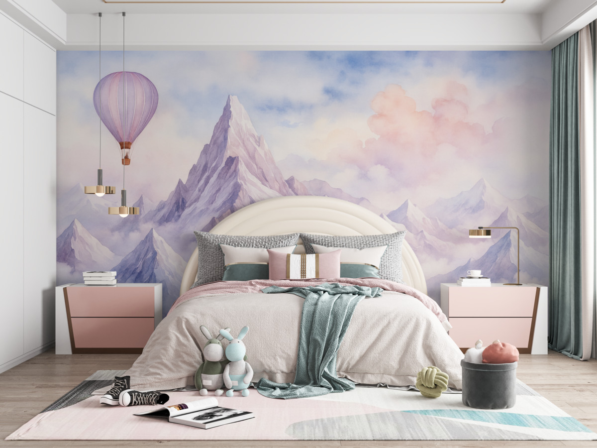 Fototapeta Balon powietrzny w górskich rejonach, akwarela, subtelne eteryczne odcienie.