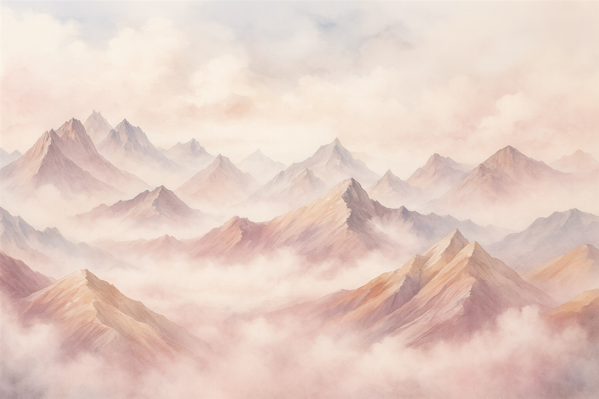 Fototapeta Chmury nad górami, akwarela, subtelne beżowe i różowe odcienie.