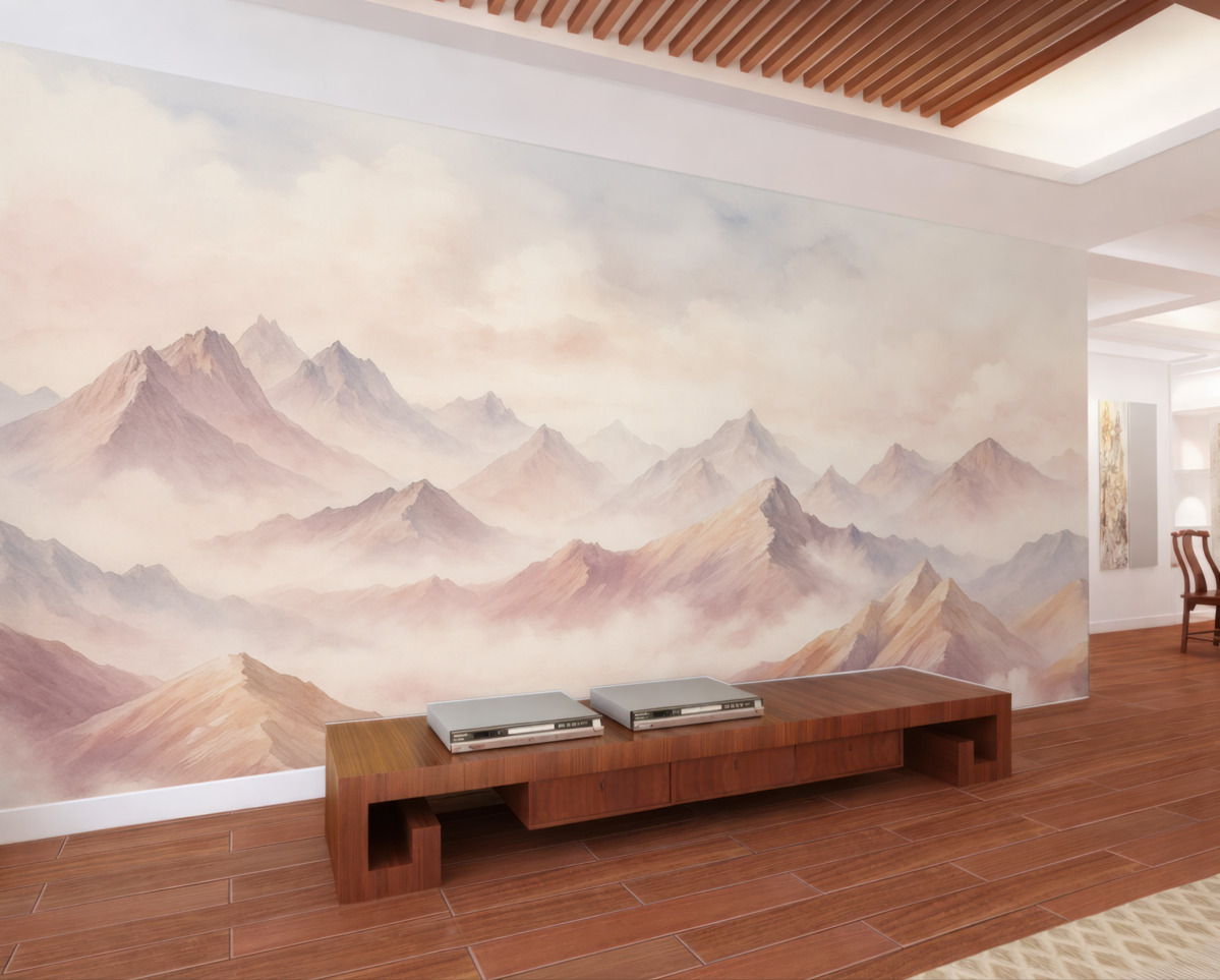 Fototapeta Chmury nad górami, akwarela, subtelne beżowe i różowe odcienie.