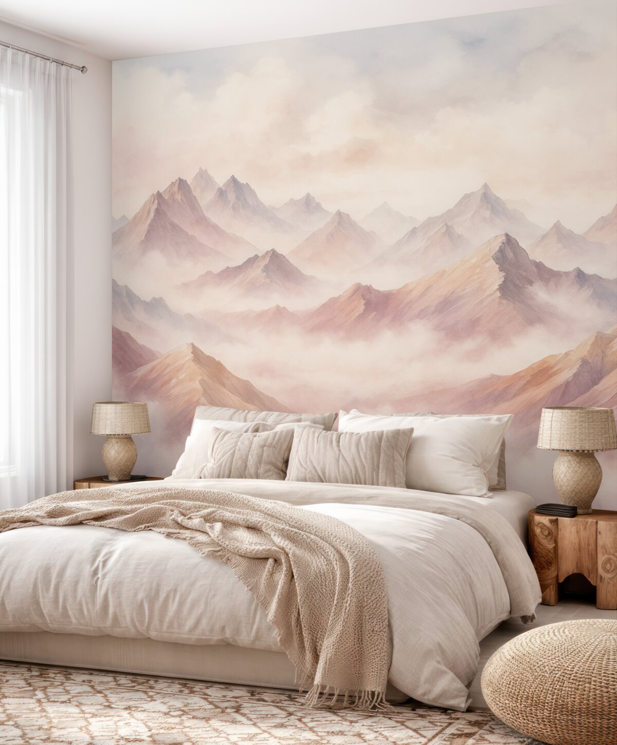 Fototapeta Chmury nad górami, akwarela, subtelne beżowe i różowe odcienie.