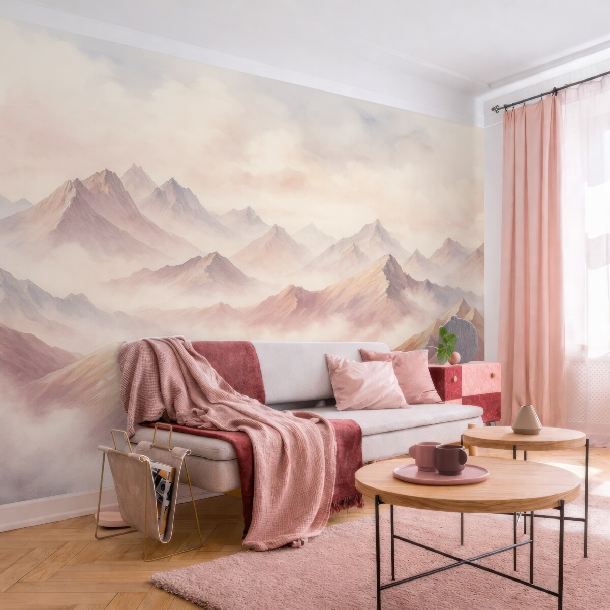 Fototapeta Chmury nad górami, akwarela, subtelne beżowe i różowe odcienie.