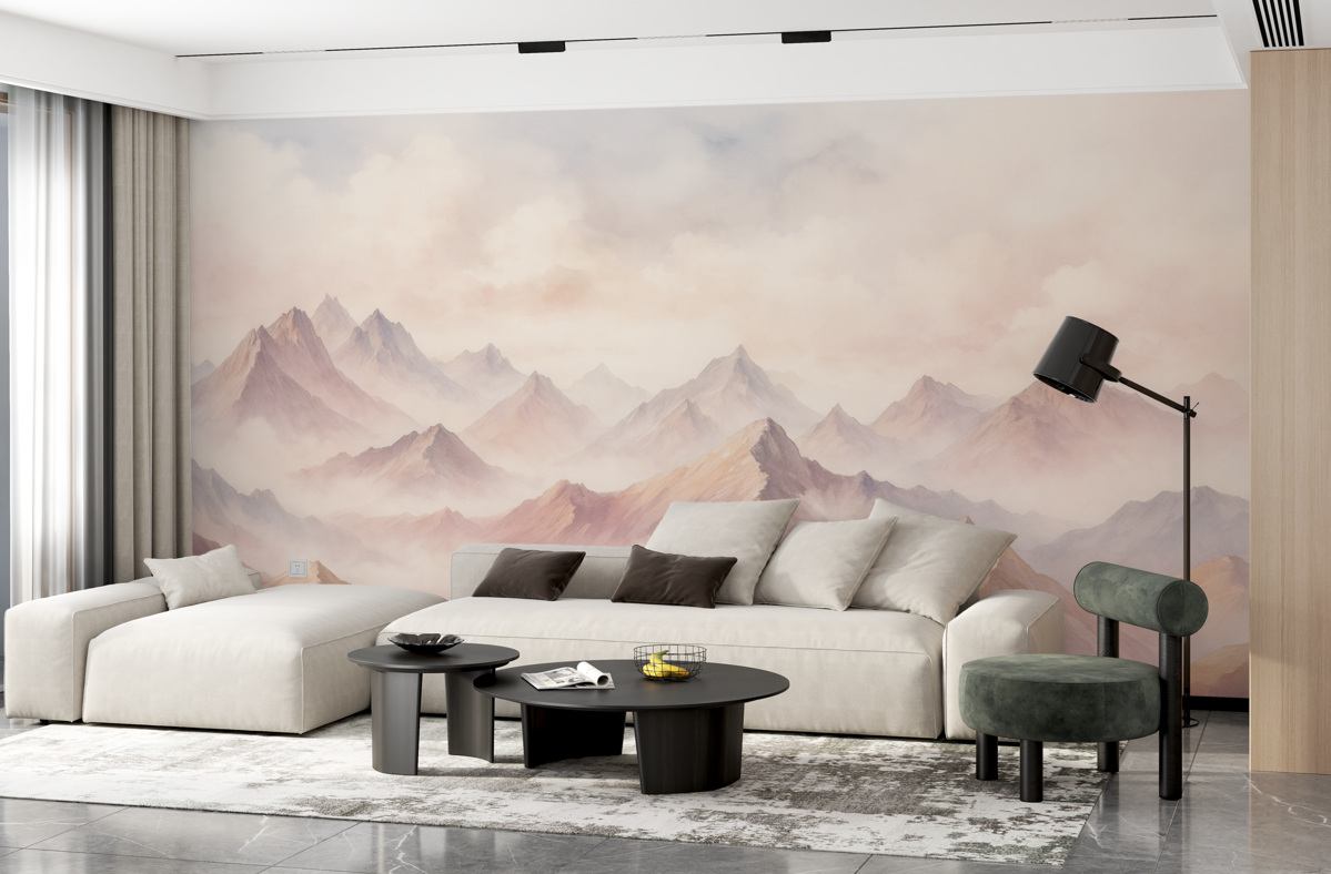 Fototapeta Chmury nad górami, akwarela, subtelne beżowe i różowe odcienie.