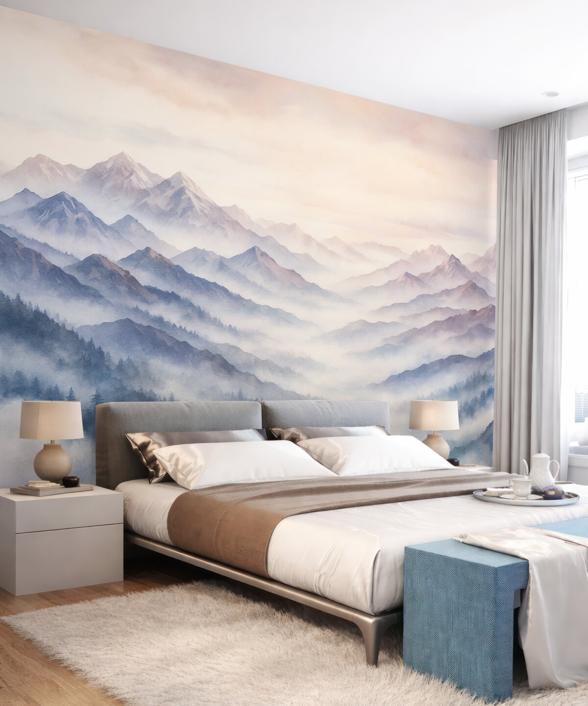 Fototapeta Eteryczny górski pejzaż, chmury, akwarela.