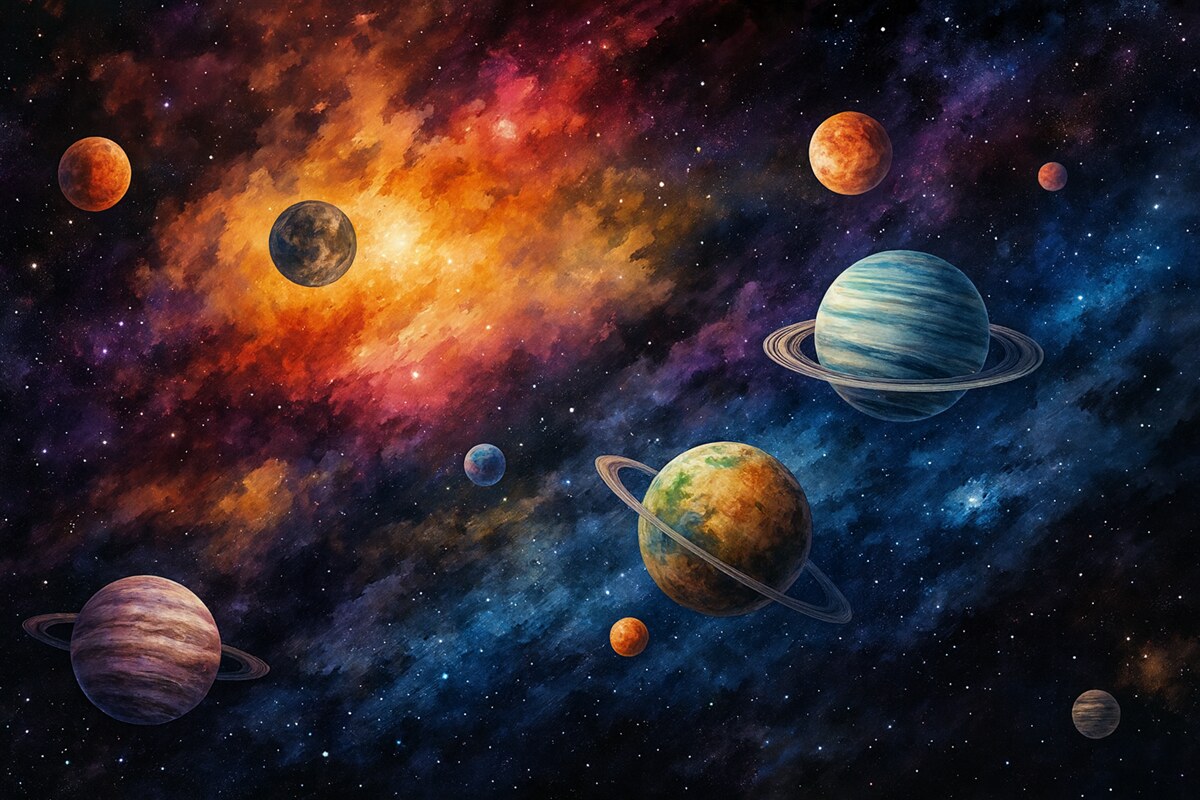 Fototapeta Wszechświat z planetami i gwiazdami, akwarela, wszechświat.