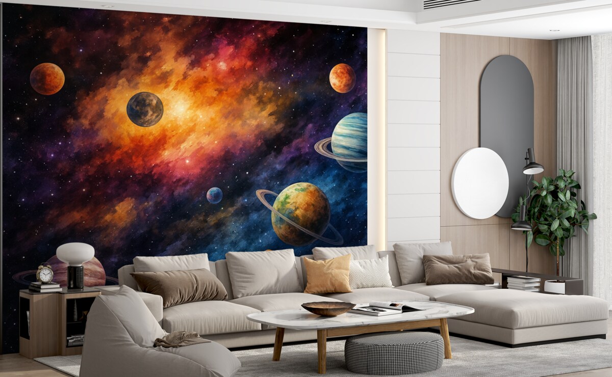 Fototapeta Wszechświat z planetami i gwiazdami, akwarela, wszechświat.