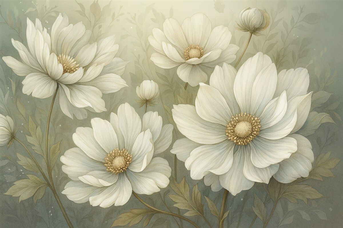 Fototapeta Wielkie białe i beżowe kwiaty, subtelne tło.